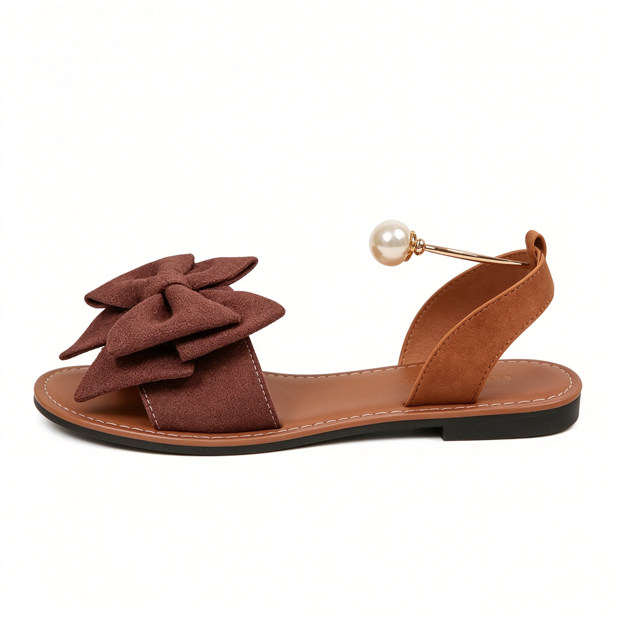 Women's Summer New Style Metal Buckle Single-Strap Flat Sandals with Bowknot and Pearl Versatile Casual Beach Sandals