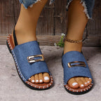 Women's Denim Flat Sandals, Elastic Back Strap with Gold Buckle, Casual Summer Slip-On Sandals
