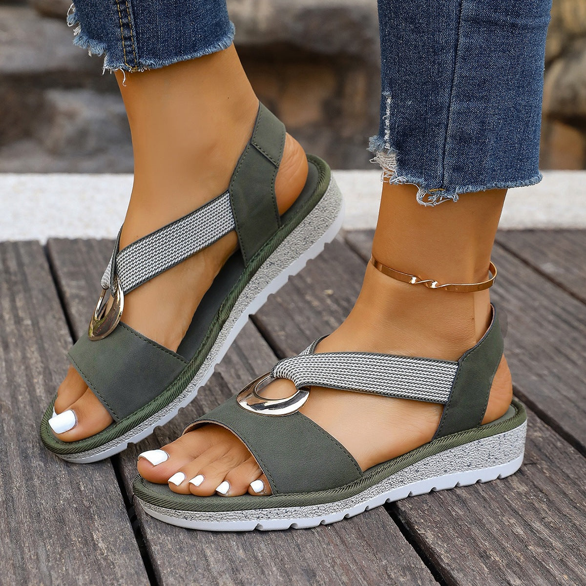 Women's Wedge Sandals, Comfortable Elastic Strap Platform Sandals with Metal Ring