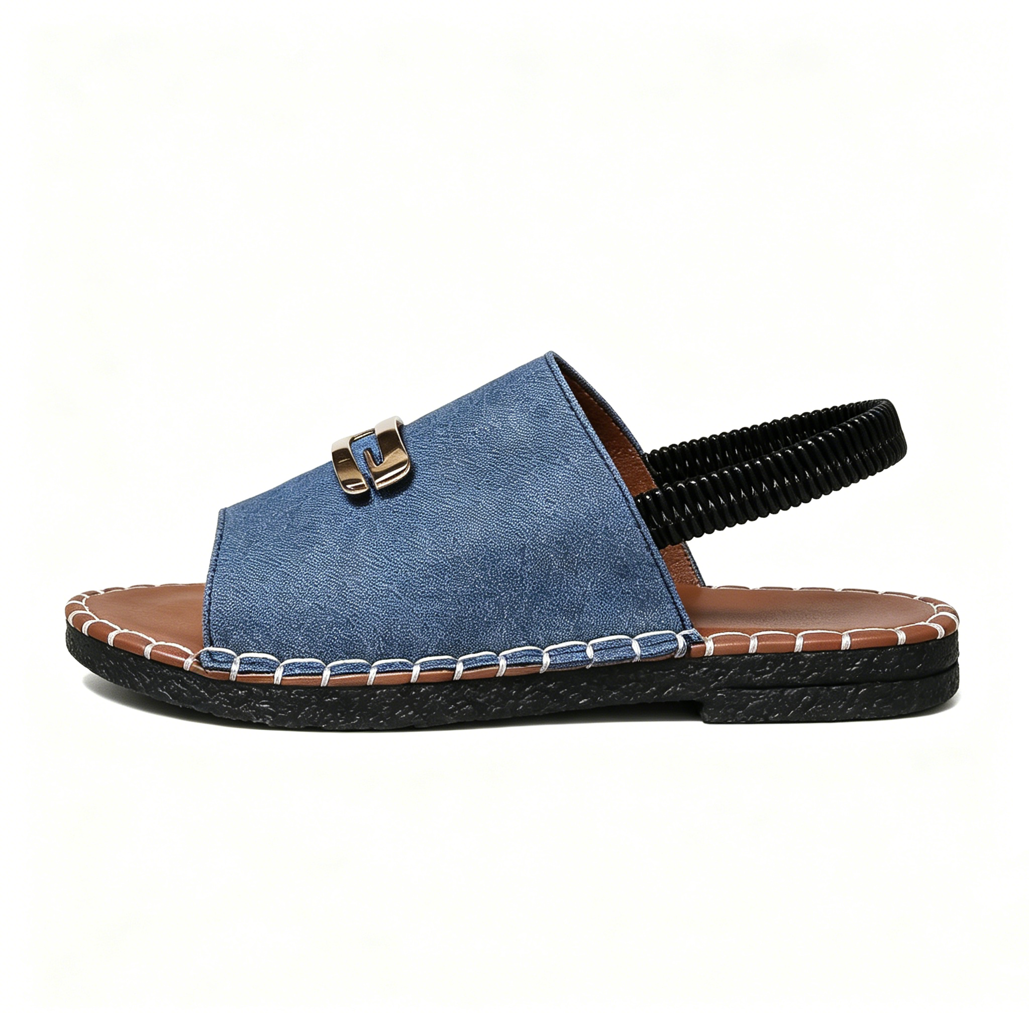 Women's Denim Flat Sandals, Elastic Back Strap with Gold Buckle, Casual Summer Slip-On Sandals