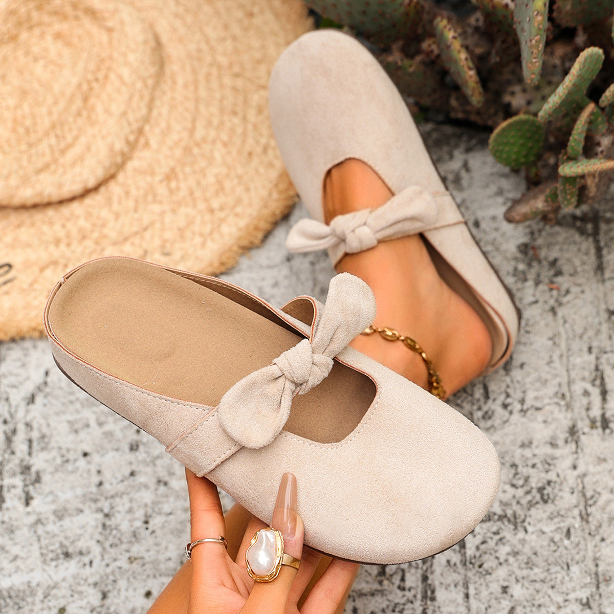 Sweet Bow Suede Backless Mules | Minimalist Round Toe Flat Slides for Summer