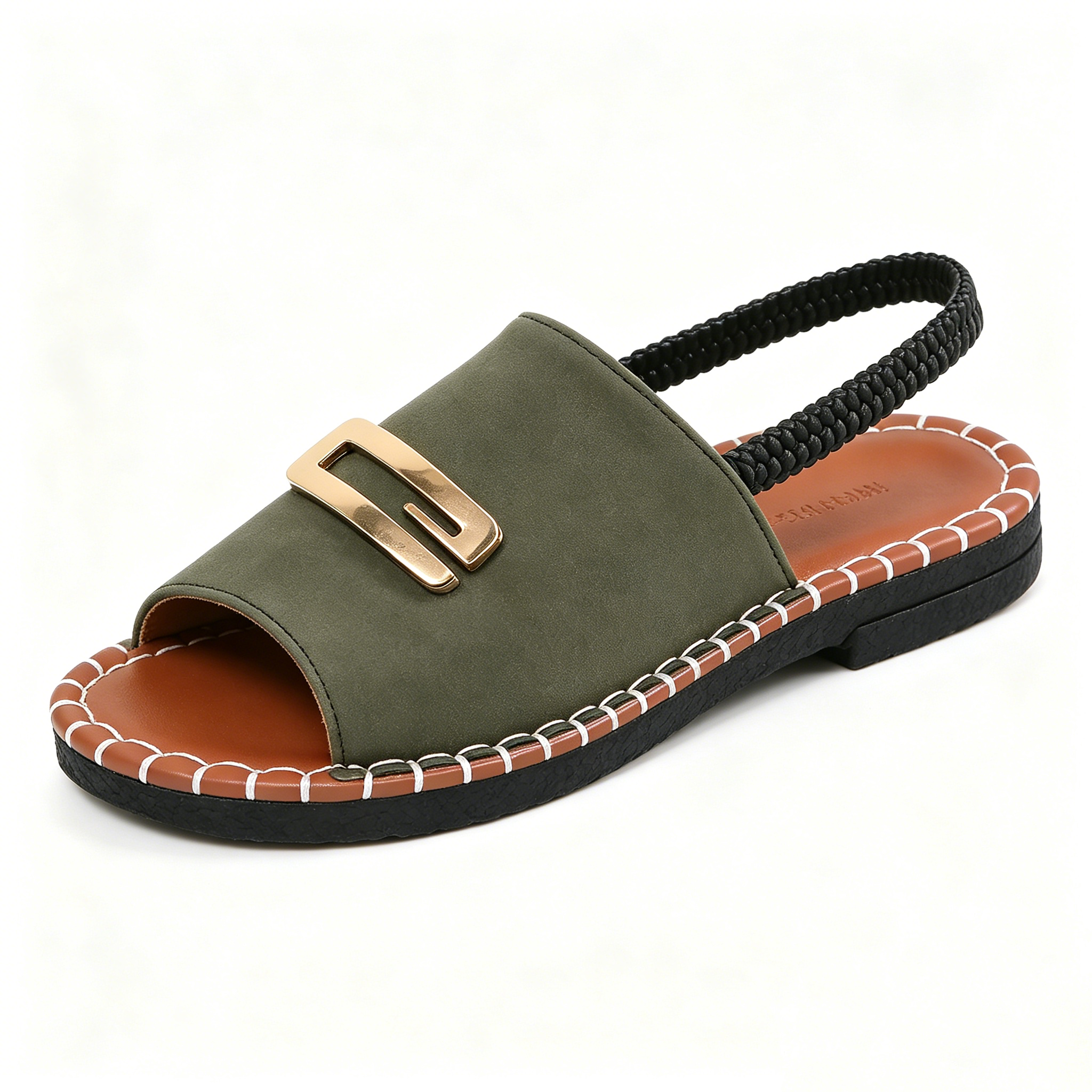 Women's Denim Flat Sandals, Elastic Back Strap with Gold Buckle, Casual Summer Slip-On Sandals