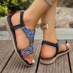 Women's Rhinestone Flower Flat Sandals, Elastic Back Strap Bohemian Summer Sandals Multi-Color Sparkly Open-Toe Shoes