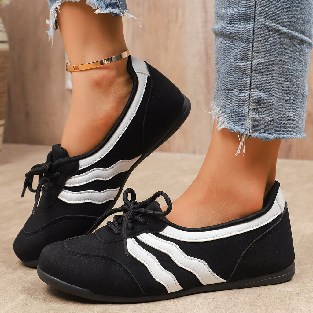 Women's Retro Lace-Up Ballet Sneakers, Black & White Stripe Casual Flat Shoes, Lightweight Comfortable Daily Wear Footwear