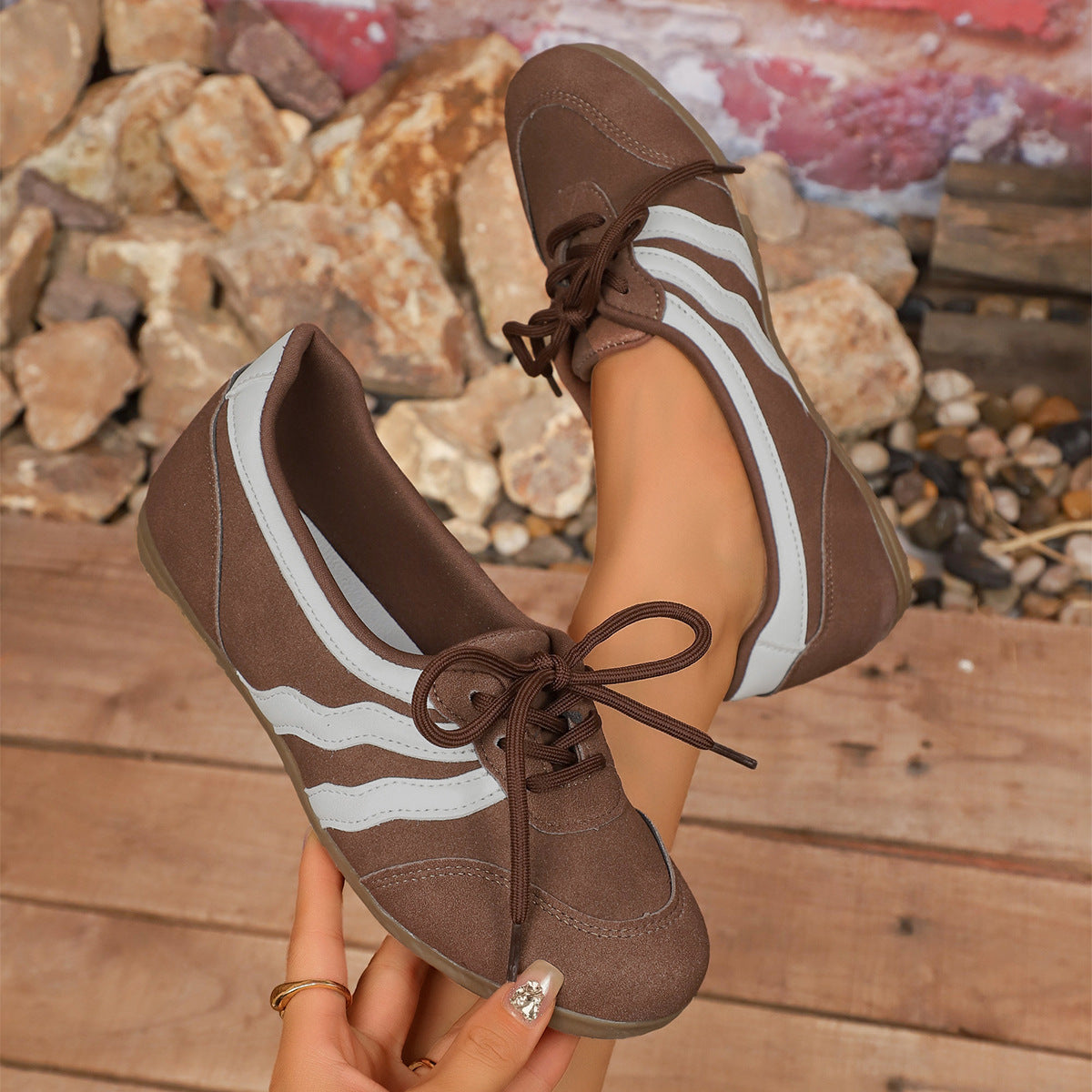 Women's Retro Lace-Up Ballet Sneakers, Black & White Stripe Casual Flat Shoes, Lightweight Comfortable Daily Wear Footwear
