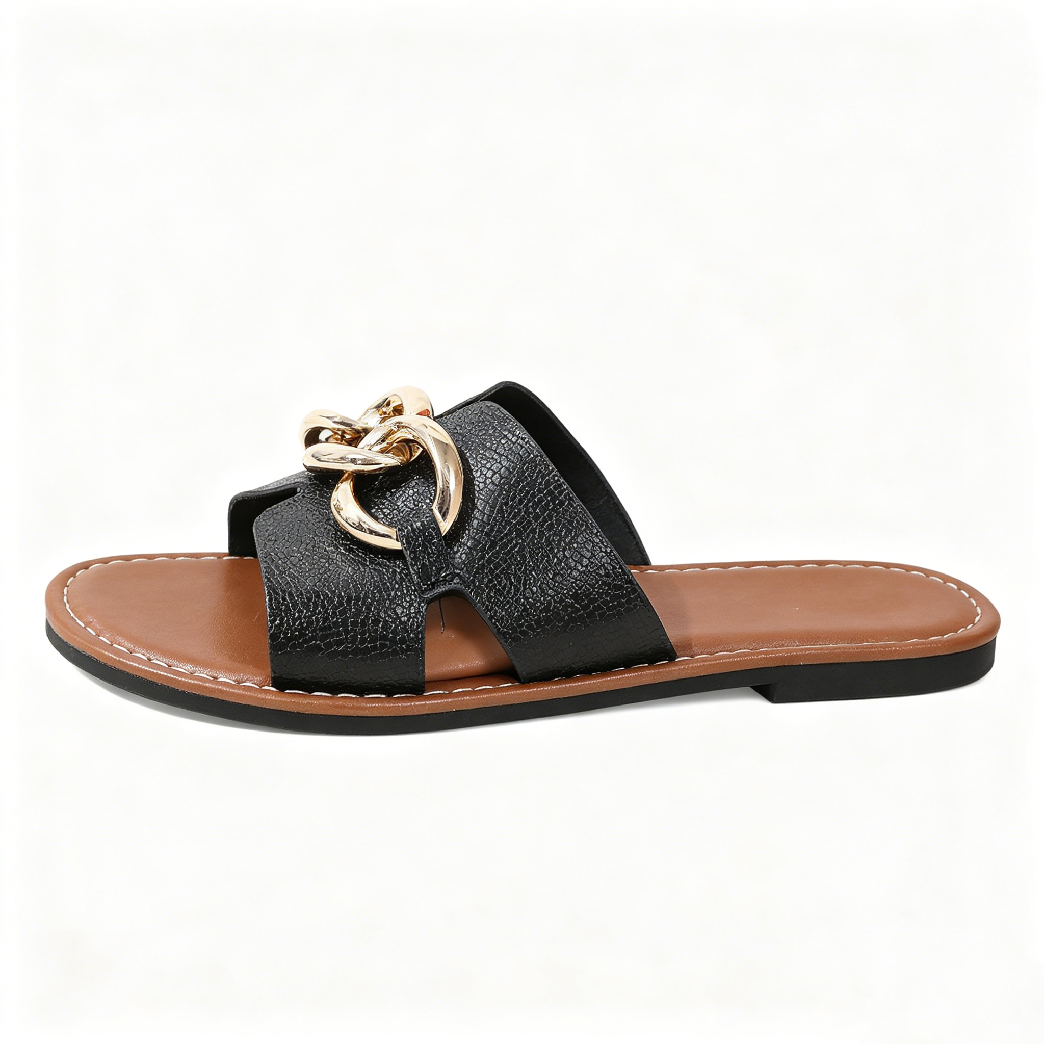 Minimalist Open Toe Metal Chain Flat Slides Beach Walking Sandals for Ladies