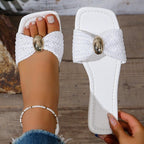 🔥 SUMMER SALE 🔥 Women's Raffia Woven Slide Sandals, Boho Gold Accent Flat Slippers | Beach-Ready Must-Have! ☀️