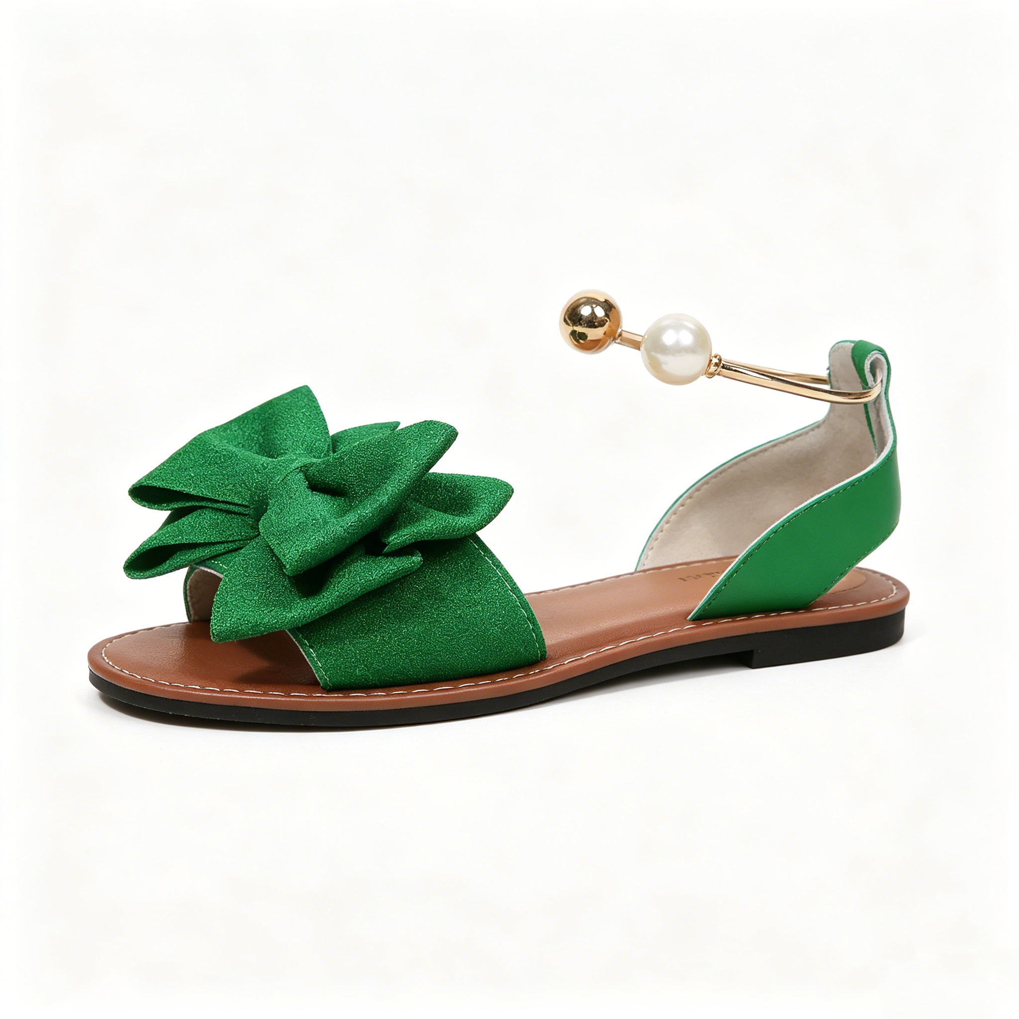 Women's Summer New Style Metal Buckle Single-Strap Flat Sandals with Bowknot and Pearl Versatile Casual Beach Sandals