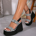 Bootara Women’s Livia Checkered Platform Sandals – Chunky Heel Breathable Casual Summer Shoes