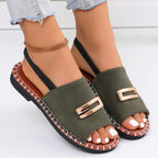 Women's Denim Flat Sandals, Elastic Back Strap with Gold Buckle, Casual Summer Slip-On Sandals