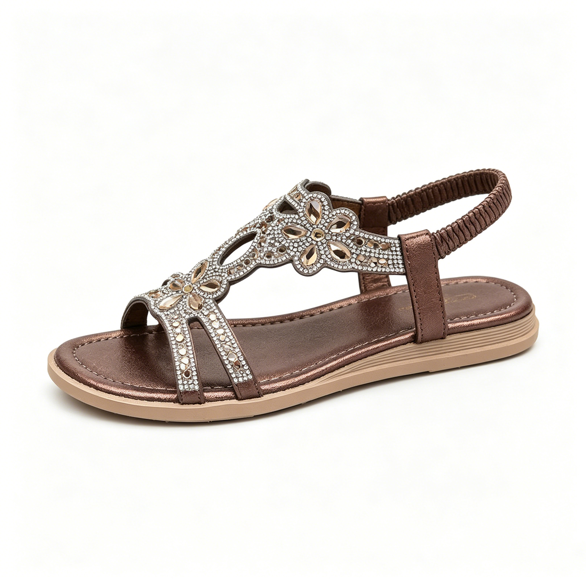 Women's Rhinestone Flower Flat Sandals, Elastic Back Strap Bohemian Summer Sandals Multi-Color Sparkly Open-Toe Shoes