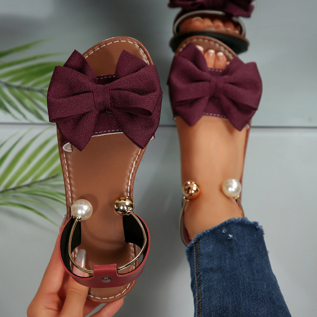 Women's Summer New Style Metal Buckle Single-Strap Flat Sandals with Bowknot and Pearl Versatile Casual Beach Sandals