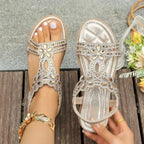 Women's Rhinestone Flower Flat Sandals, Elastic Back Strap Bohemian Summer Sandals Multi-Color Sparkly Open-Toe Shoes