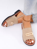Women's Denim Flat Sandals, Elastic Back Strap with Gold Buckle, Casual Summer Slip-On Sandals