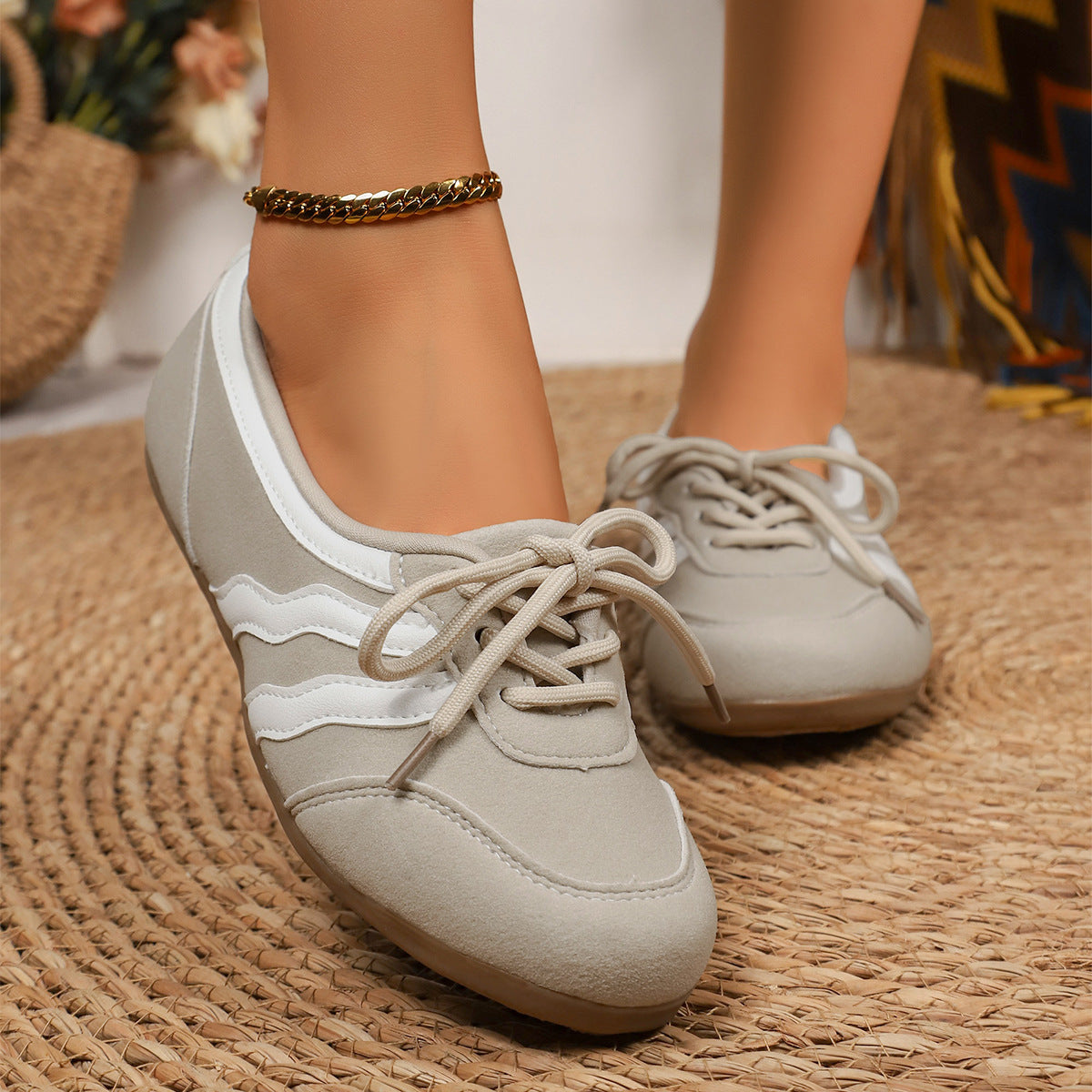 Women's Retro Lace-Up Ballet Sneakers, Black & White Stripe Casual Flat Shoes, Lightweight Comfortable Daily Wear Footwear