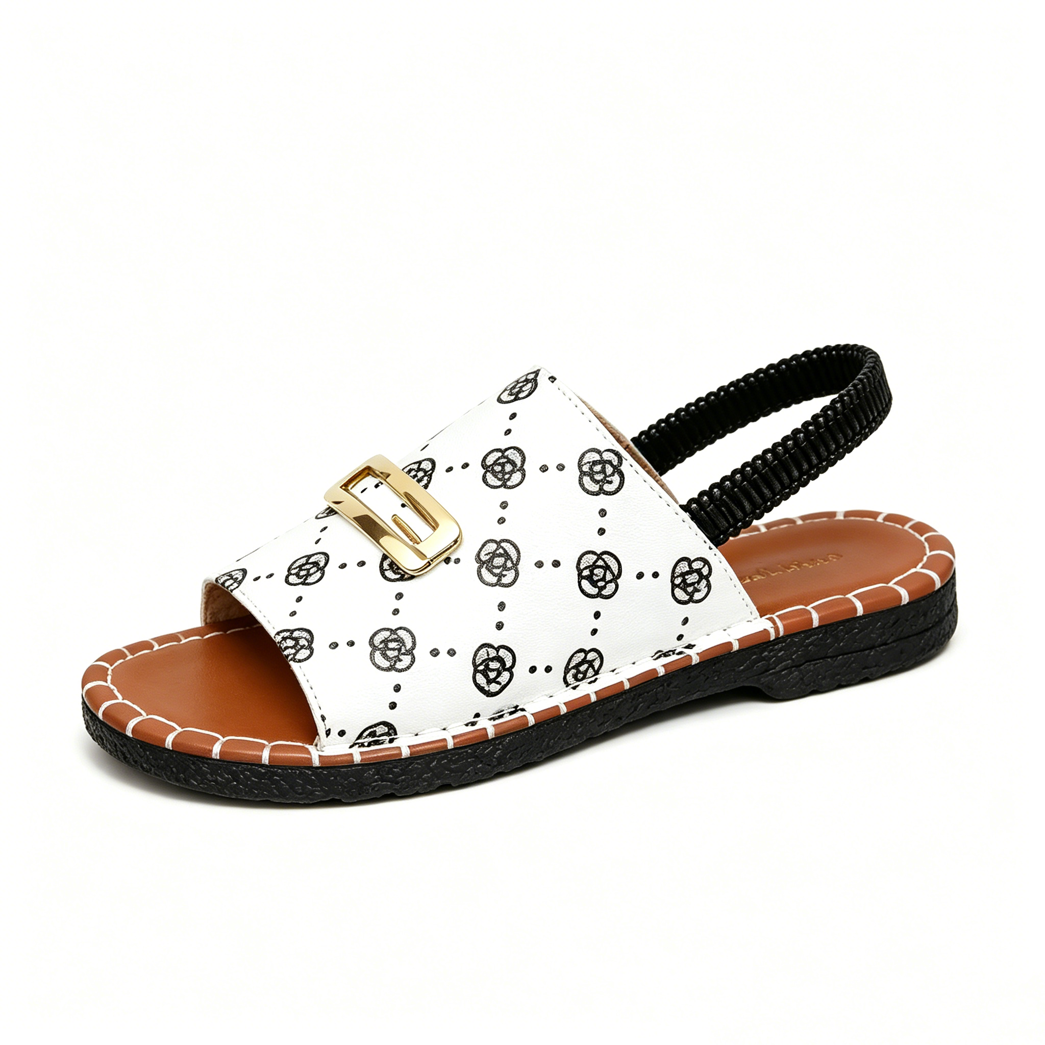 Women's Denim Flat Sandals, Elastic Back Strap with Gold Buckle, Casual Summer Slip-On Sandals