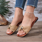 🔥 SUMMER SALE 🔥 Women's Raffia Woven Slide Sandals, Boho Gold Accent Flat Slippers | Beach-Ready Must-Have! ☀️