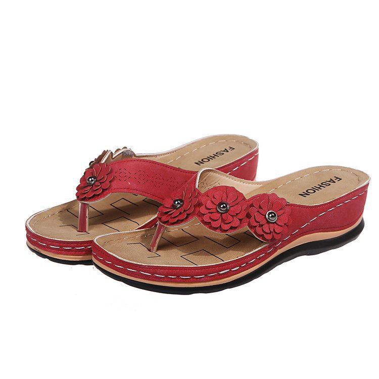 Women's Pink Floral Wedge Flip Flops, Bohemian 3D Flower Comfort Low Wedge Sandals, Casual Summer Beach Slides