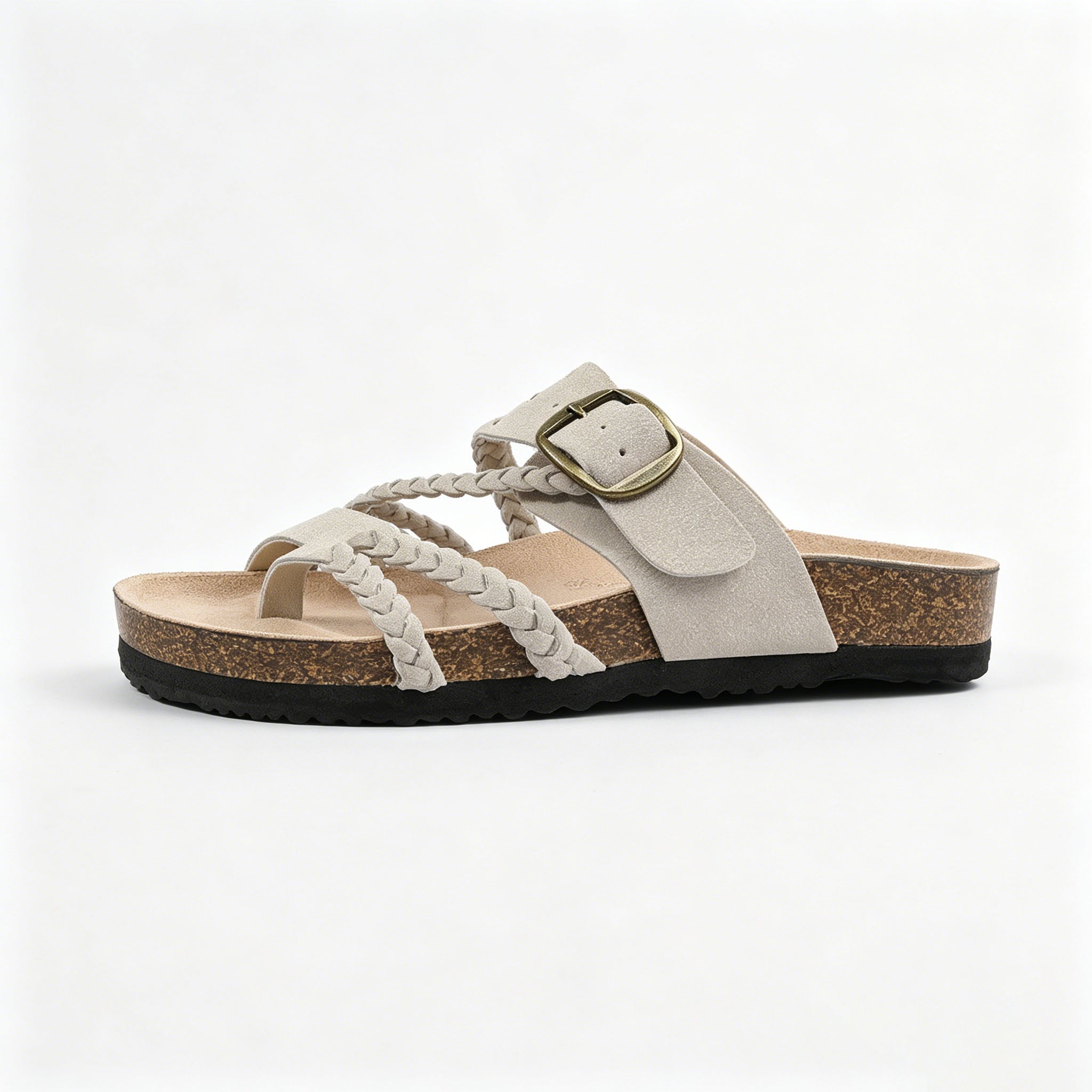 Women's Braided Leather Cork Footbed Sandals, Adjustable Buckle, Arch Support Orthopedic Slides