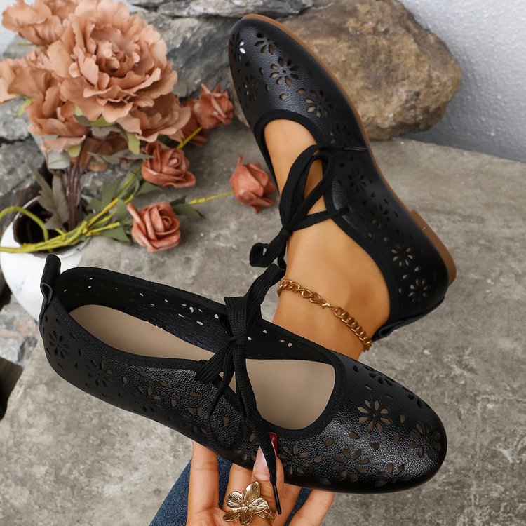 Ladies Breathable Perforated Floral Flat Shoes Casual Walking Daily Footwear