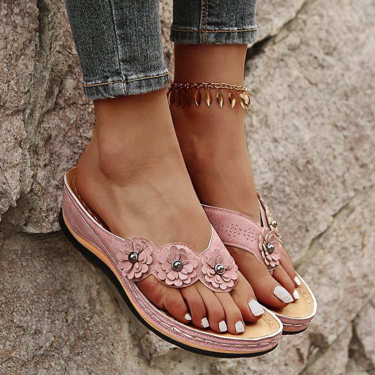 Women's Pink Floral Wedge Flip Flops, Bohemian 3D Flower Comfort Low Wedge Sandals, Casual Summer Beach Slides