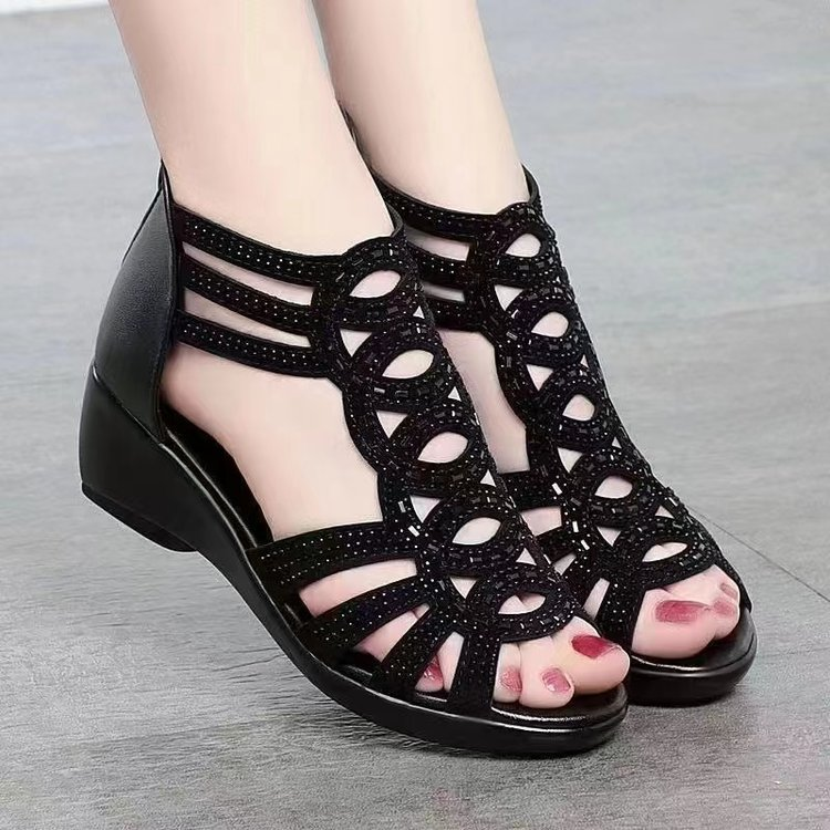 2026 Summer New Roman Style Rhinestone Peep-toe Wedge Heel Sandals for Middle-aged Women