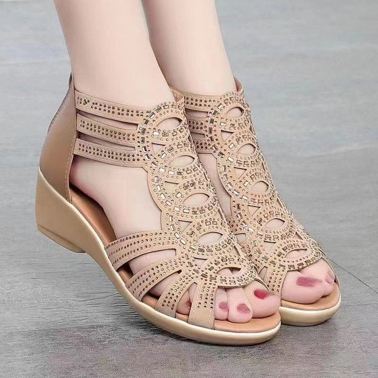 Comfortable Nude Hollow-out Wedge Sandals for Daily Casual Wear