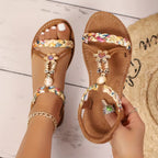 Bohemian Bead T-Strap Flat Sandals with Built-In Arch Support & Slip-On Convenience