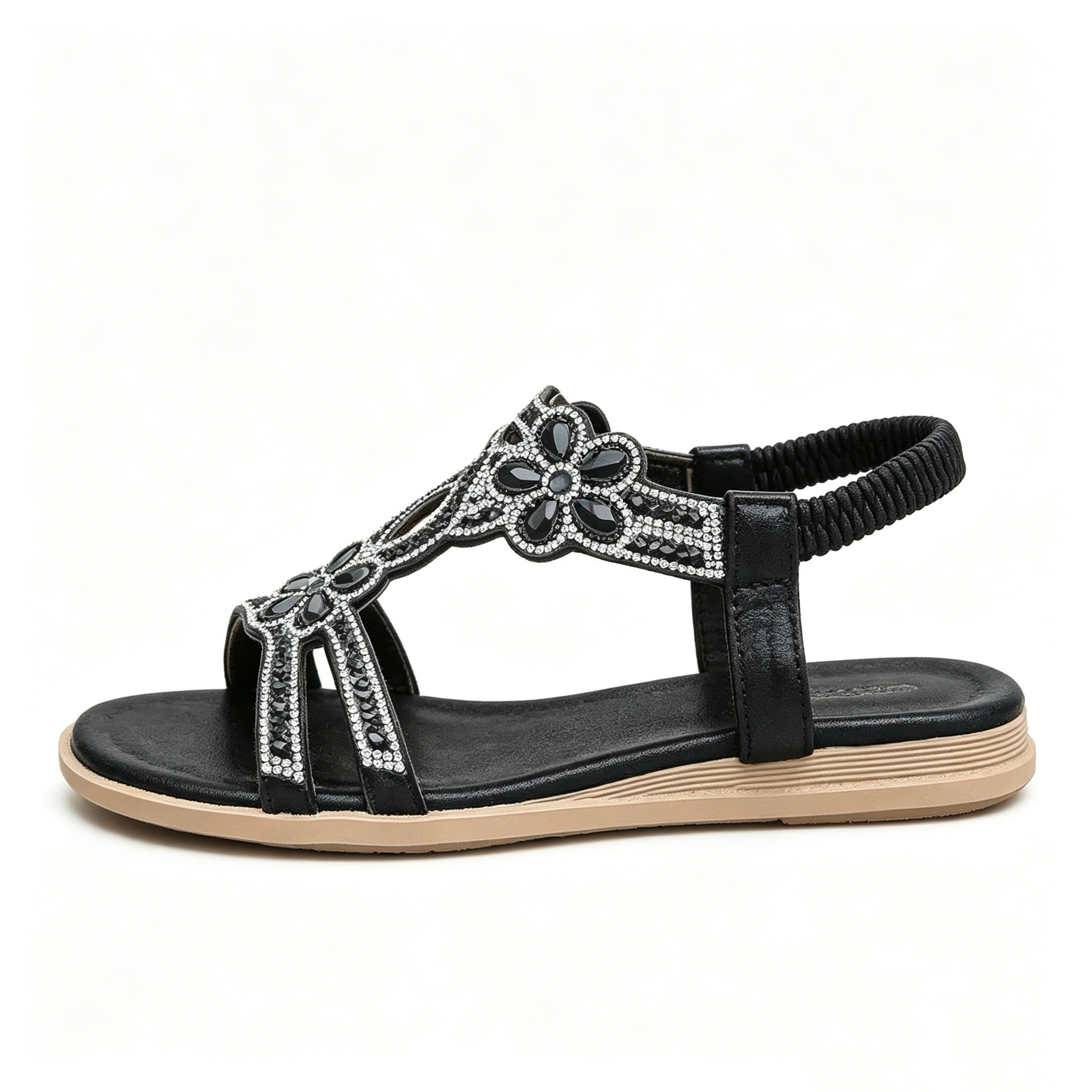 Women's Rhinestone Flower Flat Sandals, Elastic Back Strap Bohemian Summer Sandals Multi-Color Sparkly Open-Toe Shoes