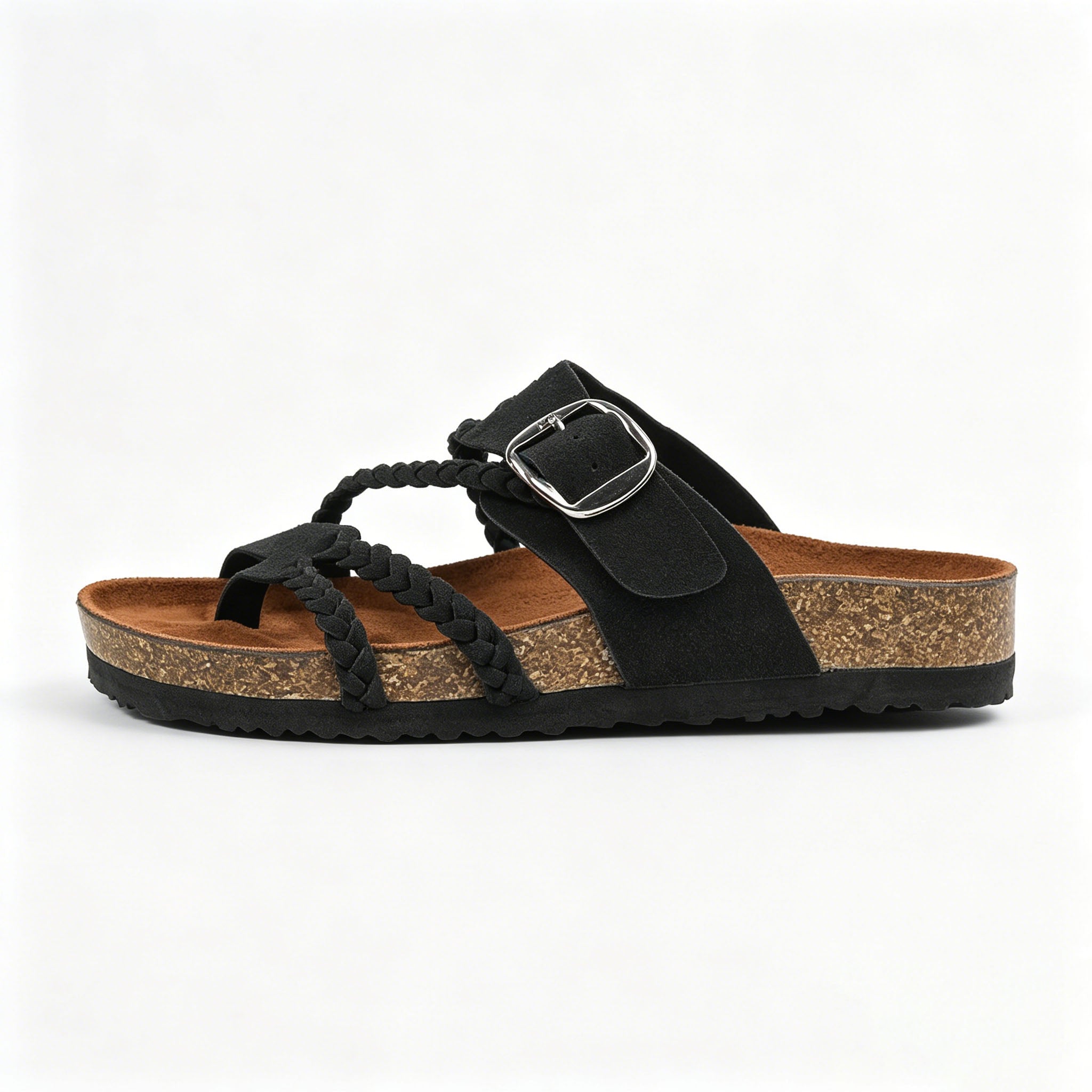 Women's Braided Leather Cork Footbed Sandals, Adjustable Buckle, Arch Support Orthopedic Slides