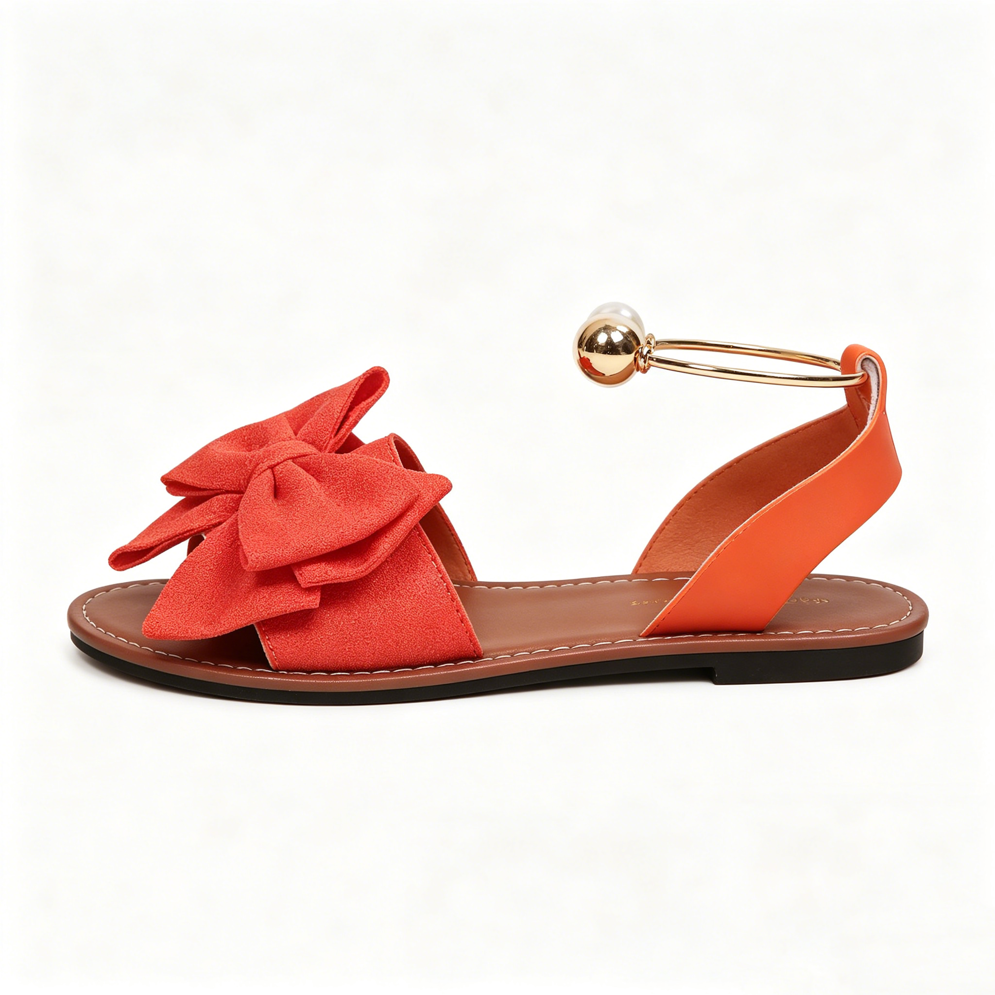 Women's Summer New Style Metal Buckle Single-Strap Flat Sandals with Bowknot and Pearl Versatile Casual Beach Sandals