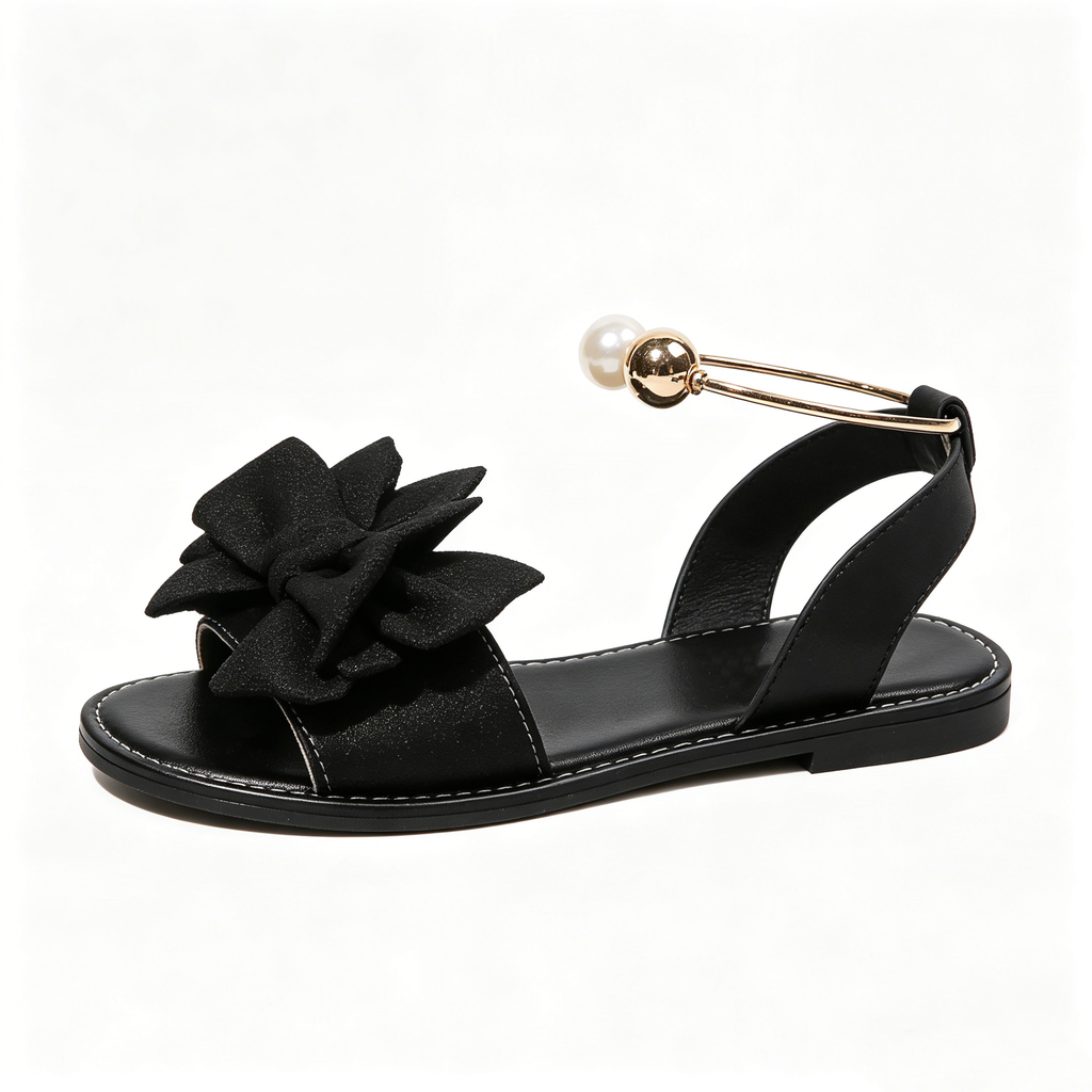 Women's Summer New Style Metal Buckle Single-Strap Flat Sandals with Bowknot and Pearl Versatile Casual Beach Sandals