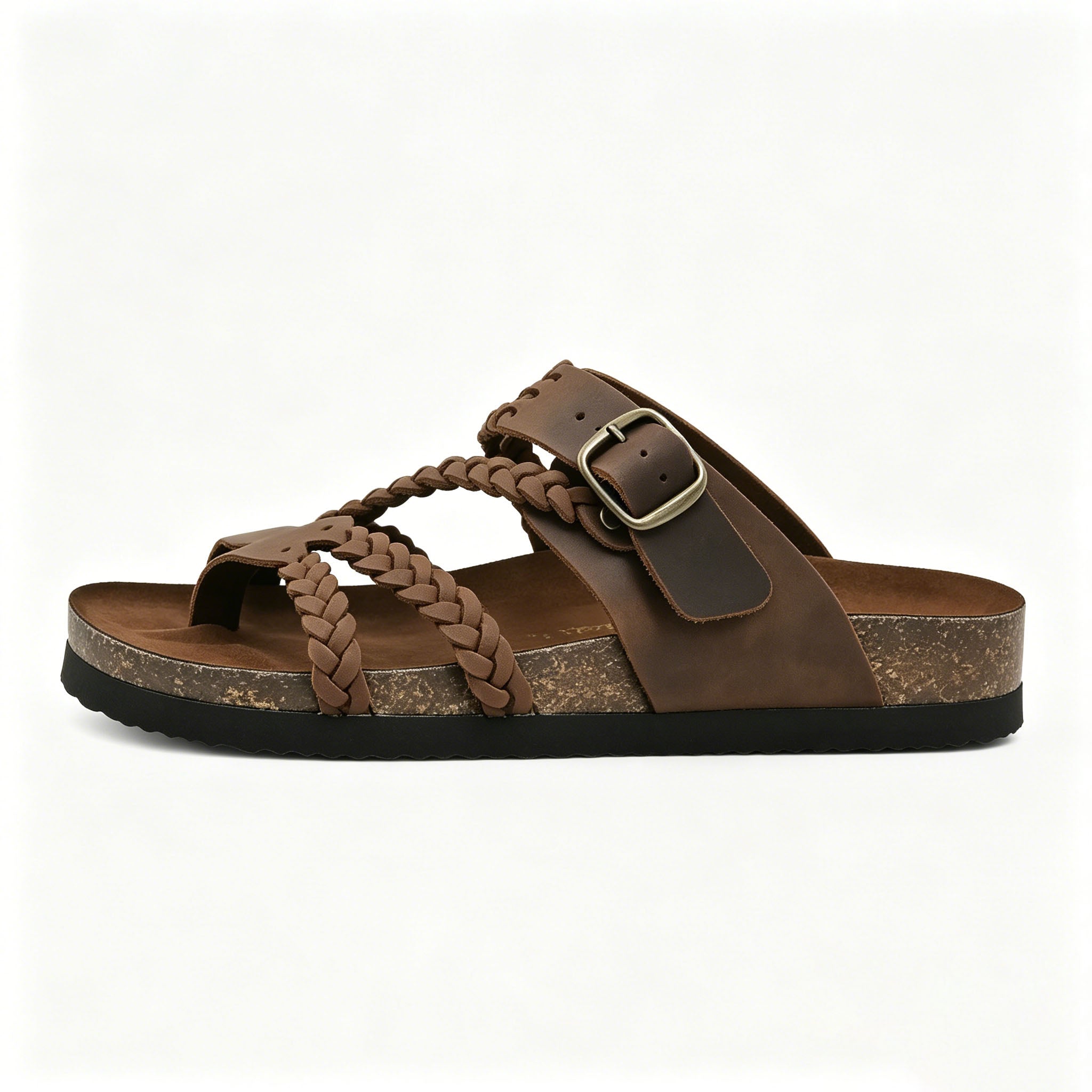 Women's Braided Leather Cork Footbed Sandals, Adjustable Buckle, Arch Support Orthopedic Slides
