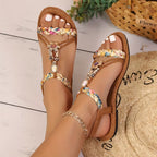 Bohemian Bead T-Strap Flat Sandals with Built-In Arch Support & Slip-On Convenience