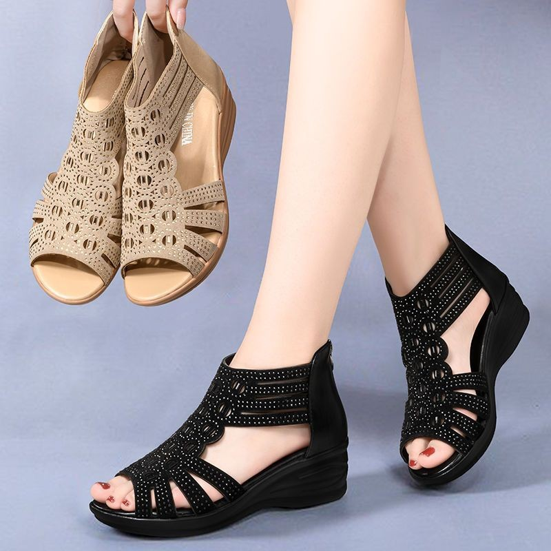 2026 Summer New Roman Style Rhinestone Peep-toe Wedge Heel Sandals for Middle-aged Women