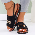 Women's Denim Flat Sandals, Elastic Back Strap with Gold Buckle, Casual Summer Slip-On Sandals