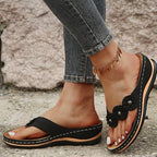 Women's Pink Floral Wedge Flip Flops, Bohemian 3D Flower Comfort Low Wedge Sandals, Casual Summer Beach Slides