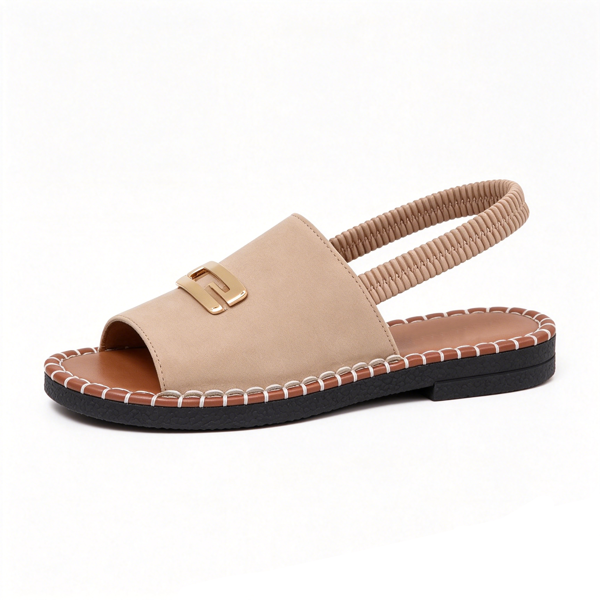 Women's Denim Flat Sandals, Elastic Back Strap with Gold Buckle, Casual Summer Slip-On Sandals