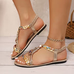 Bohemian Bead T-Strap Flat Sandals with Built-In Arch Support & Slip-On Convenience
