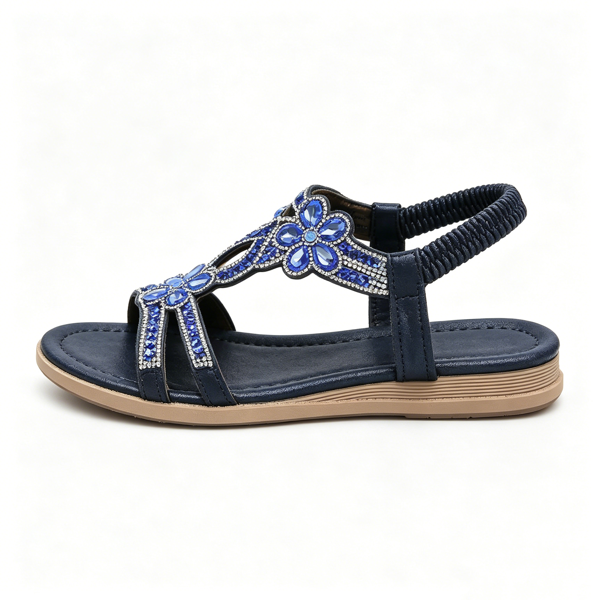 Women's Rhinestone Flower Flat Sandals, Elastic Back Strap Bohemian Summer Sandals Multi-Color Sparkly Open-Toe Shoes