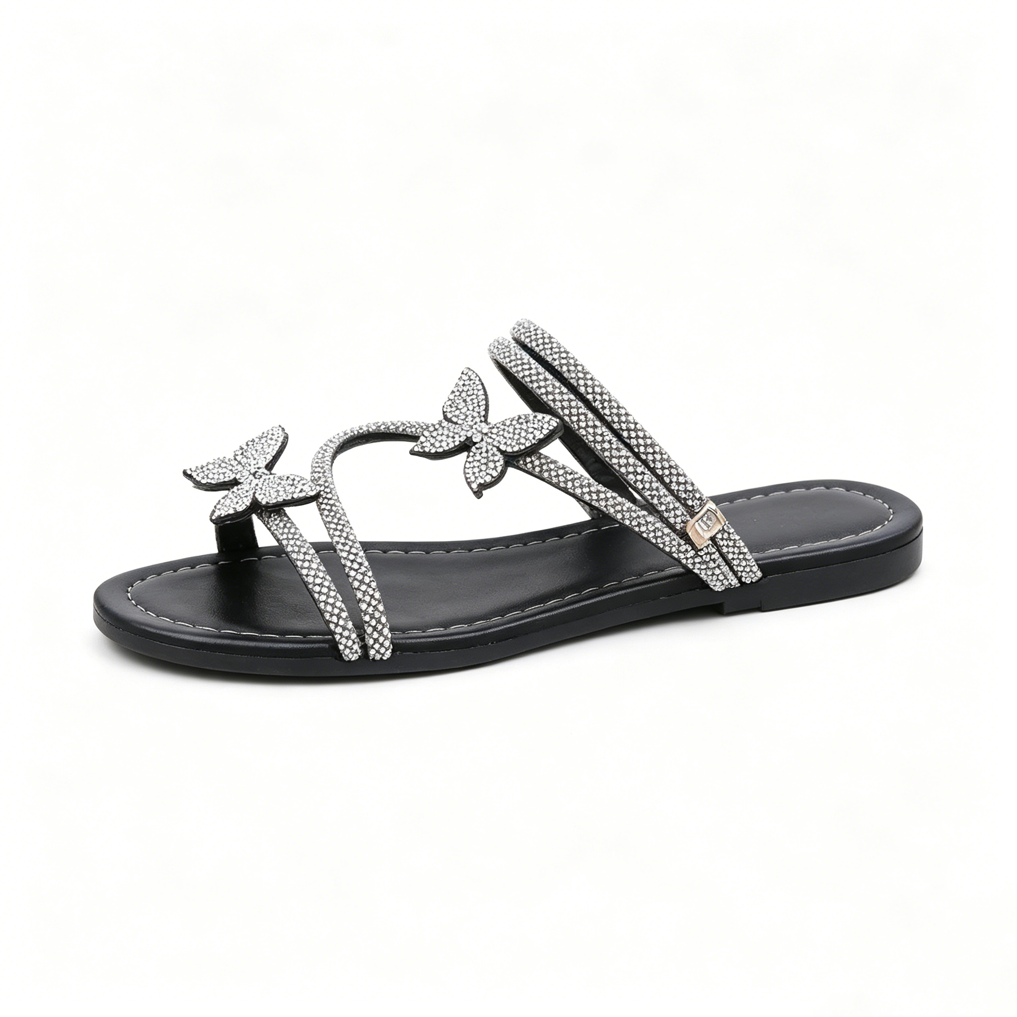 Women's Rhinestone Butterfly Slide Sandals, Shiny Crystal Flat Slippers, Glamorous Summer Open-Toe Sandals