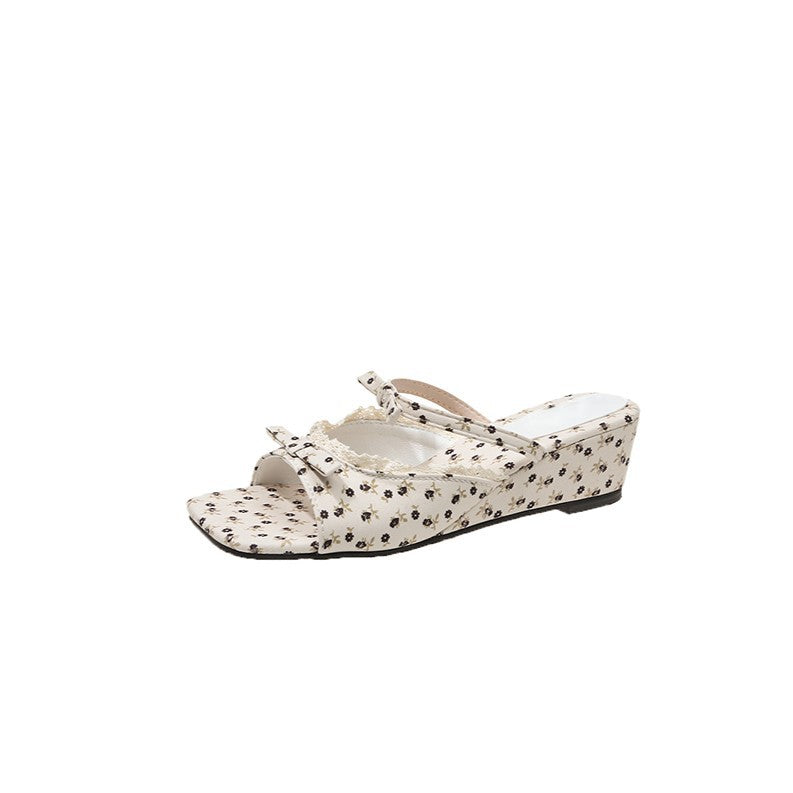 Women Ditsy Floral Print Wedge Ankle Strap Sandals Open Toe Summer Shoes
