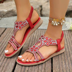 Women's Rhinestone Flower Flat Sandals, Elastic Back Strap Bohemian Summer Sandals Multi-Color Sparkly Open-Toe Shoes