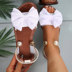 Women's Summer New Style Metal Buckle Single-Strap Flat Sandals with Bowknot and Pearl Versatile Casual Beach Sandals