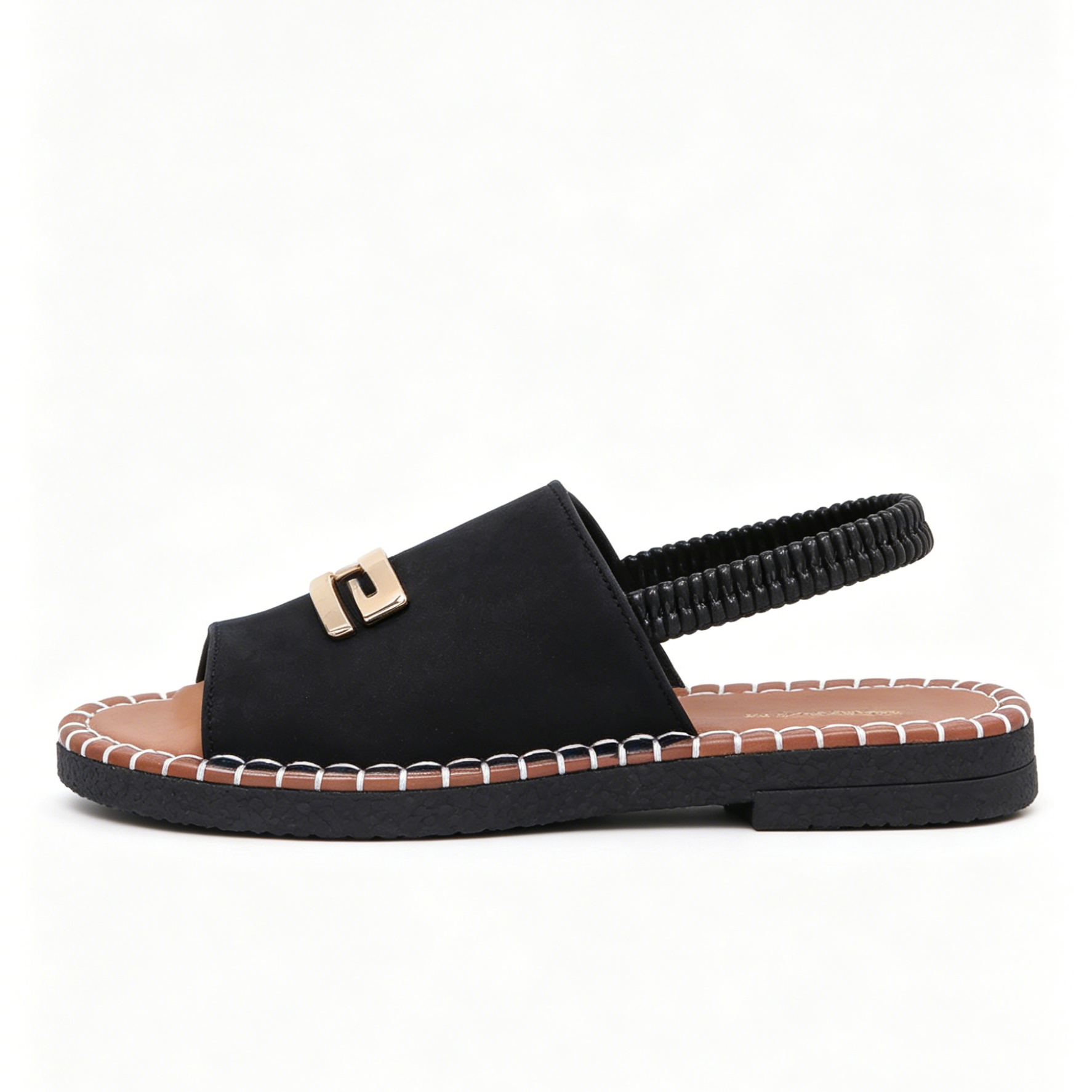Women's Denim Flat Sandals, Elastic Back Strap with Gold Buckle, Casual Summer Slip-On Sandals