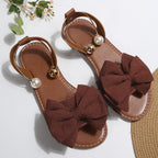 Women's Summer New Style Metal Buckle Single-Strap Flat Sandals with Bowknot and Pearl Versatile Casual Beach Sandals