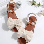 Women's Summer New Style Metal Buckle Single-Strap Flat Sandals with Bowknot and Pearl Versatile Casual Beach Sandals