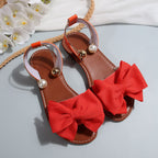 Women's Summer New Style Metal Buckle Single-Strap Flat Sandals with Bowknot and Pearl Versatile Casual Beach Sandals